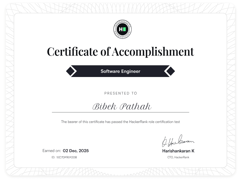Software Engineer Certificate issued by HackerRank