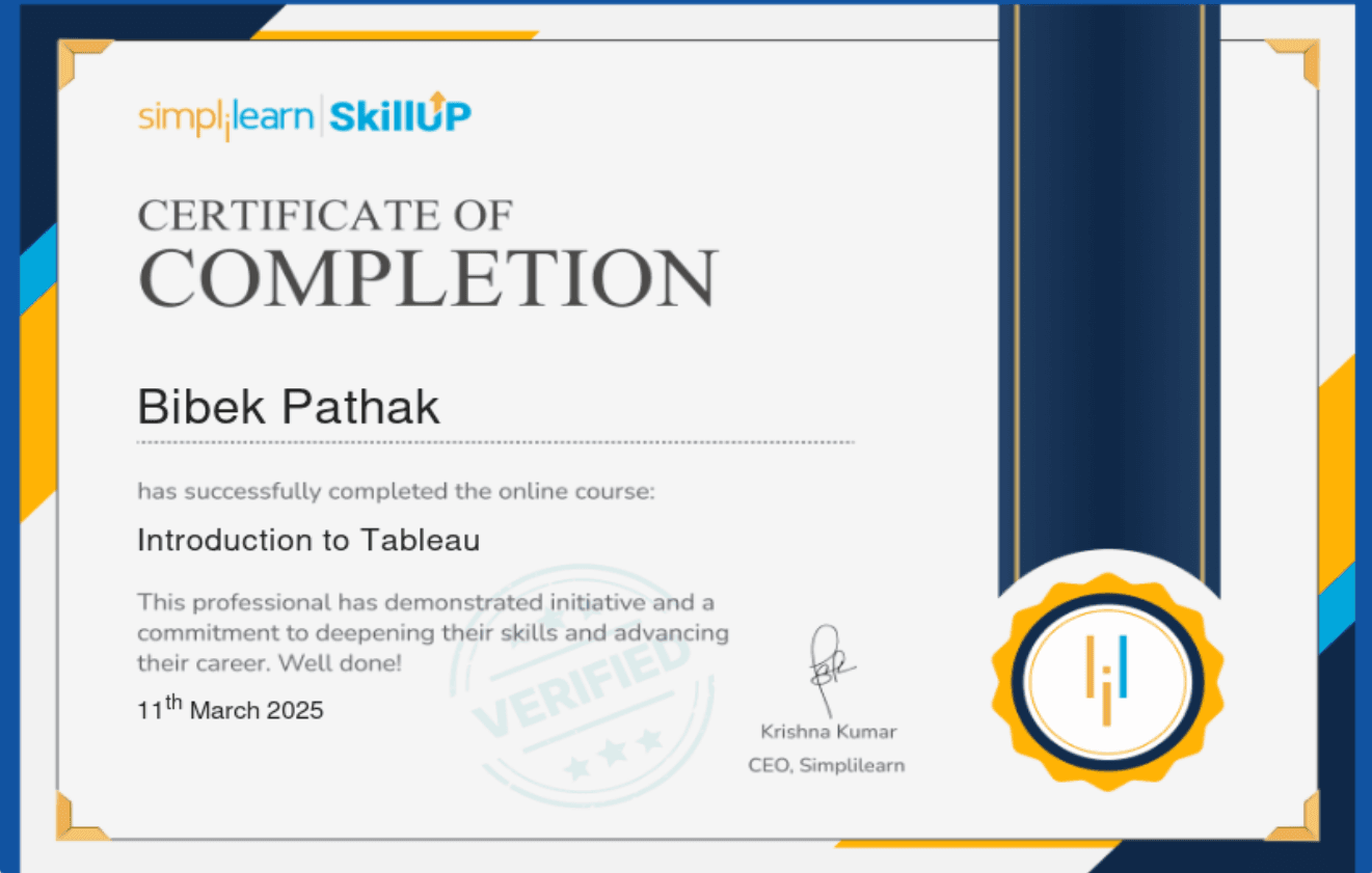 Introduction to Tableau issued by Simplilearn · SkillUp